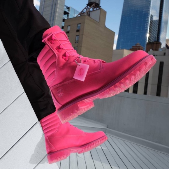 Timberland x JIMMY CHOO Pink Combat Moto Boots with Chunky Sole
